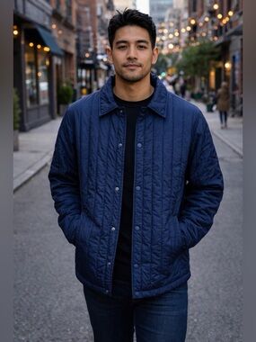 VRST NWT SZ M MEN’S navy blue quilted shirt jacket water repellent, bust 46”